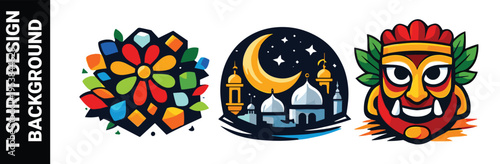 Set of three diverse cultural and artistic t-shirt designs with colorful patterns