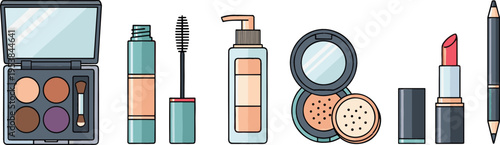 Essential Cosmetic Products Set with Eyeshadow, Mascara, Foundation, Lipstick, and Powder for Beauty Routine