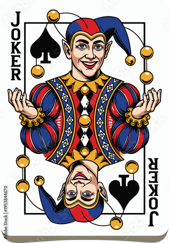Colorful joker playing card illustration with jester character juggling golden balls, classic casino deck design, gambling symbol artwork isolated for card game theme