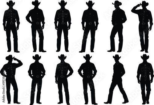 Cowboy silhouettes set with western hat and boots, standing ranch men in different poses, wild west character collection isolated on white background