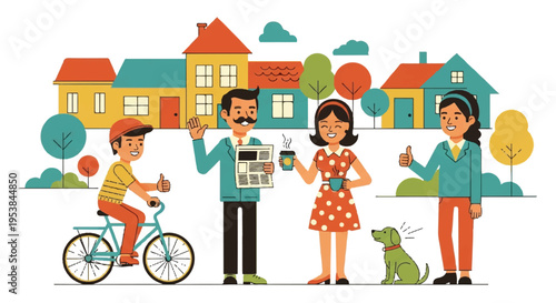 Family enjoying outdoor activities near colorful houses illustration