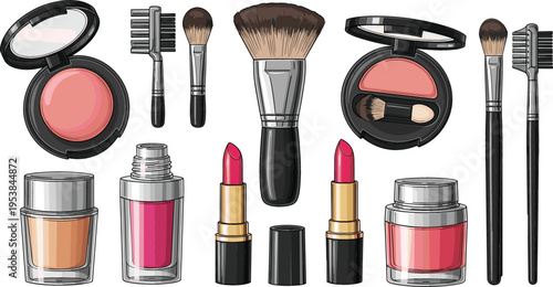 Cosmetic Products Set with Lipsticks, Blush, Foundation, Brushes, and More for Beauty and Makeup Lovers