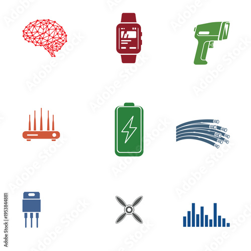 Advanced engineering and digital data icons featuring neural networks and high speed fiber optics