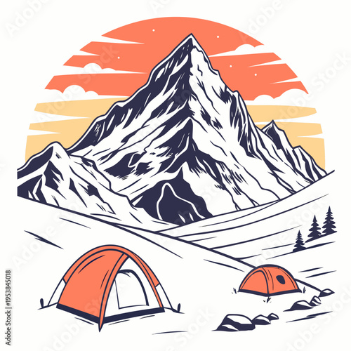 Snowy Mountain Peak With Tents clouds