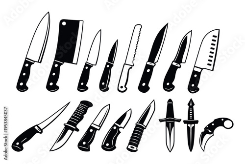 Assortment of sharp knives and bladed weapons showcasing a range of styles and handles set against a pristine white backdrop