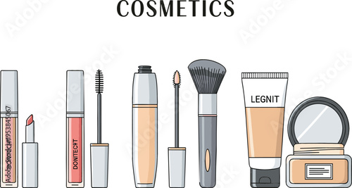 Cosmetic Products Set with Lipstick, Mascara, Foundation, Powder, and Brushes for Beauty and Makeup