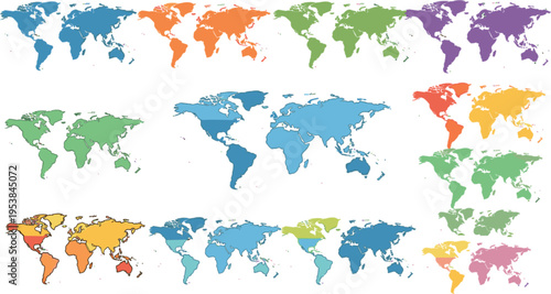 Set of colorful flat world maps vector illustrations with different color schemes for continents, countries, global design, and infographics