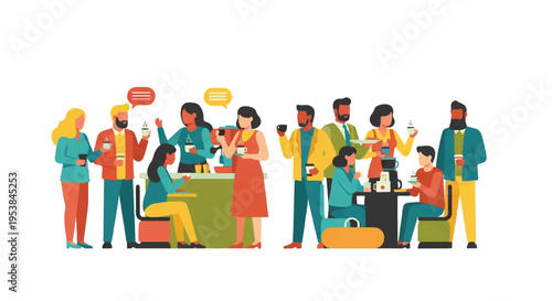 Group of people interacting and socializing in graphic illustration