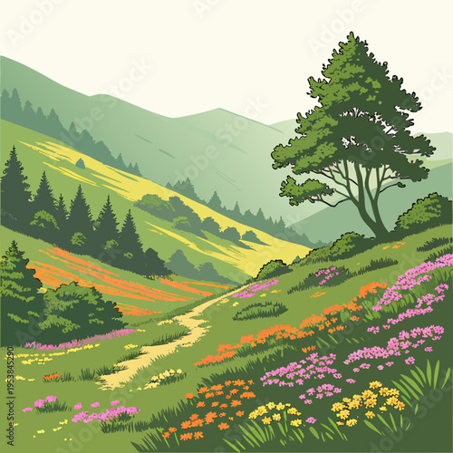 Colorful hillside with flowers and trees landscape