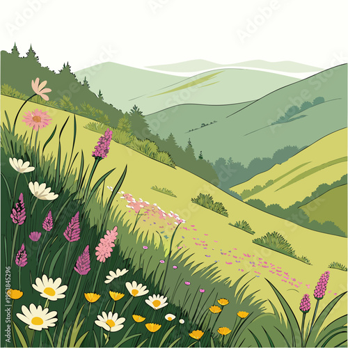 Green hillside with flowers and trees nature