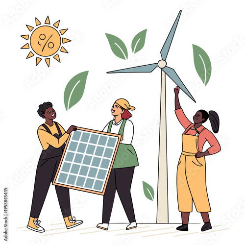 People working with solar panel and wind turbine installation