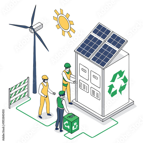 Workers installing solar panels on a battery installation