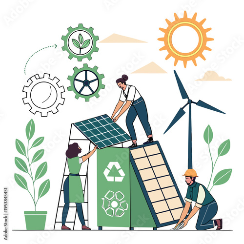 Workers installing solar panels on a green house installation