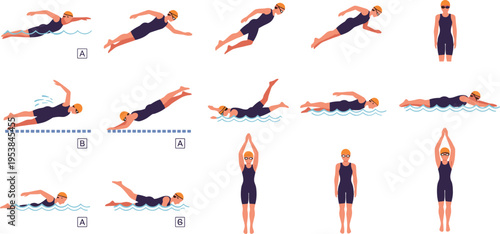 Swimming Techniques Vector Illustration Set with Freestyle Stroke Steps, Body Positions, Diving, and Competitive Swim Training Guide Collection