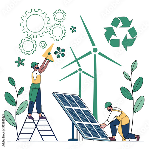 Workers installing solar panels with wind turbine installation