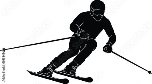 Alpine skier silhouette racing downhill on snow with ski poles, winter sport athlete in dynamic carving pose, black vector isolated on light background