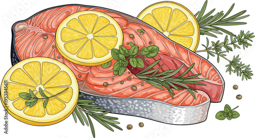 Fresh Salmon Steak with Lemon Slices and Herbs for Healthy Cooking and Delicious Recipes