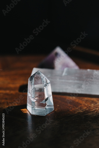 A set of natural minerals for treatment. Healing crystal stones on the background. Quartz and amethyst. Alternative medicine, esoteric