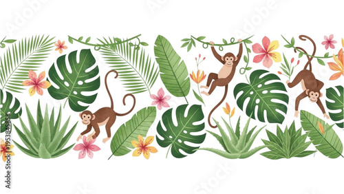 Monkeys play among tropical leaves and colorful flowers in jungle