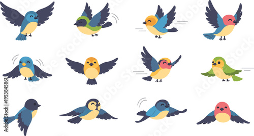Flying Bird Cartoon Vector Illustration Set with Cute Birds in Different Poses, Flapping Wings, Motion Actions, and Nature Wildlife Collection