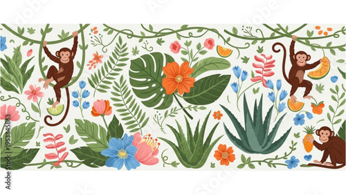Monkeys play among vibrant jungle plants and flowers in a lush environment.