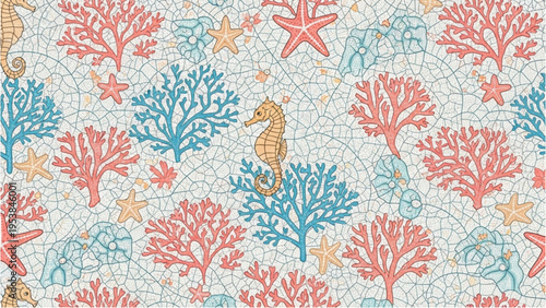 Seahorse swims among colorful coral reefs and starfish underwater.