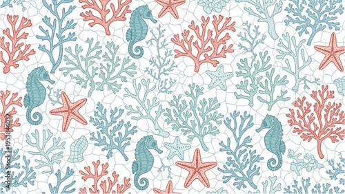 Seahorses and starfish swim among coral and seaweed underwater.