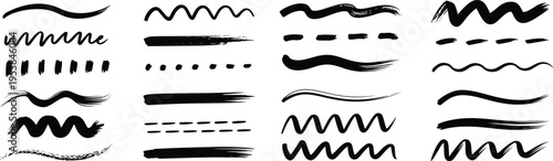 Brush stroke lines set, hand drawn ink strokes, abstract paint elements, grunge brush textures, artistic design lines, modern vector illustration collection pack