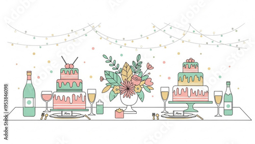 A festive table setting with cakes, flowers, and champagne bottles on a decorated table indoors.