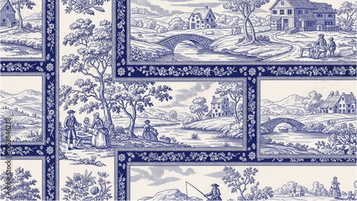 A serene countryside scene with rolling hills, trees, and a bridge depicted in a blue and white toile pattern on a fabric or wallpaper design.