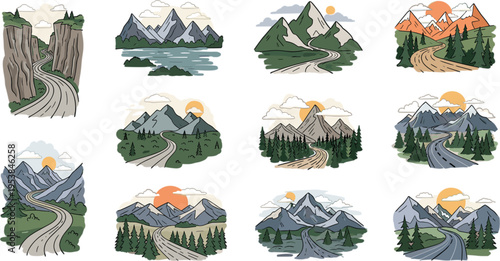Vector illustration set of scenic mountain landscapes with winding roads, rivers, forests, sunsets, and outdoor adventure nature scenes