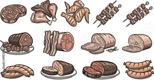 Hand-drawn vector illustration set of assorted meats including steak, chicken, ham, bacon, sausages, and skewers in sketch style