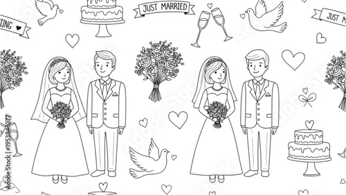 A joyful wedding scene with couples, flowers, and hearts in a celebratory environment.