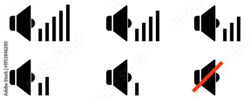 Set of black speaker icons with different volume levels and a mute symbol. Vector illustration.