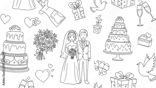 A wedding scene with bride groom cake gifts flowers hearts champagne