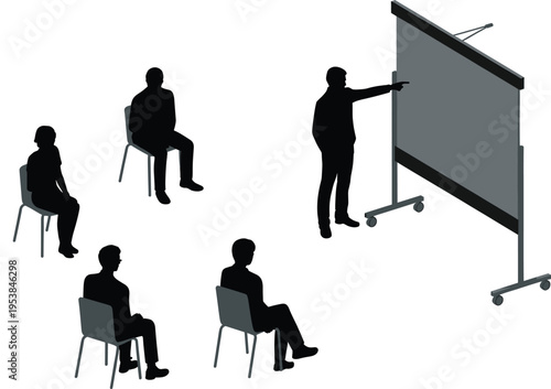 Business presentation training silhouette, corporate seminar meeting, speaker explaining on board, audience listening, education workshop concept, professional coaching session,  illustration design