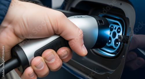 Close-up of a hand holding an electric vehicle charging connector, plugging into a car's charging port, symbolizing green energy and sustainable transportation