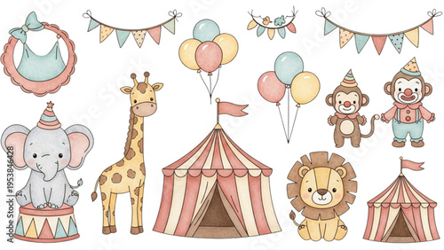 A colorful circus scene with animals and tents outdoors daytime