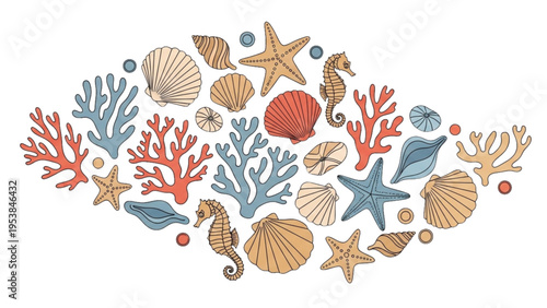 Vibrant ocean creatures and plants arranged on a white surface in an illustrative style.