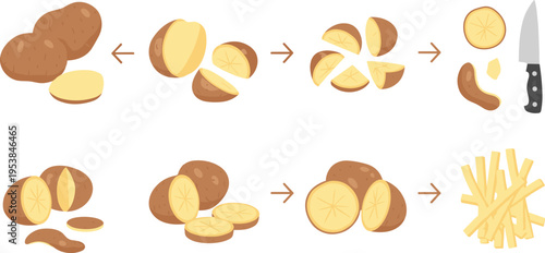 Potato Cutting Process Vector Illustration Set with Slicing Steps, Knife Preparation, Raw Vegetable Pieces, and French Fries Making Guide Collection