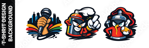 Set of three urban graffiti and music t-shirt designs featuring a microphone and spray cans