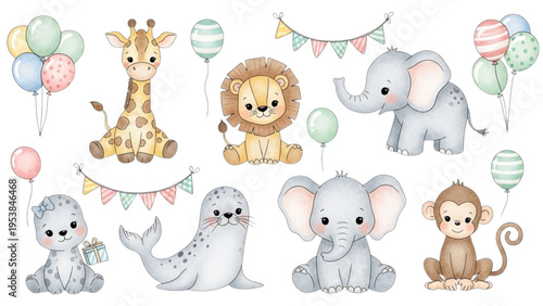 A colorful illustration of various cute animals including a giraffe, lion, elephant, seal, monkey, and other creatures with balloons and a banner.
