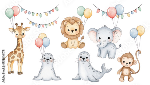 A colorful celebration with giraffe, lion, elephant, seal, and monkey friends.