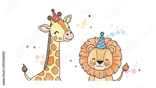 A whimsical illustration of a giraffe and lion wearing party hats together.