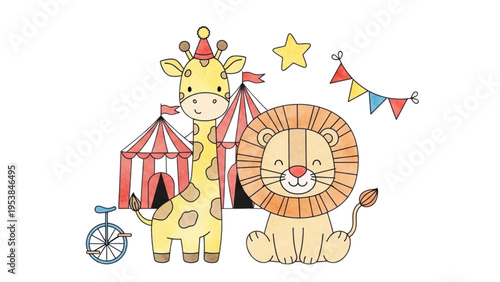 A giraffe and lion play near a colorful circus tent with a bicycle