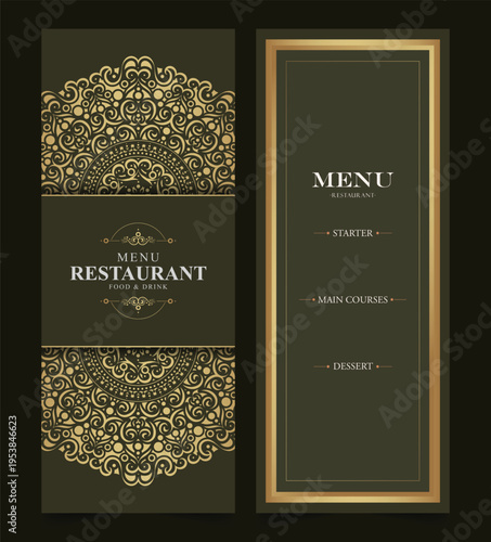 Luxury Vintage Restaurant Menu Template with Golden Ornamental Mandala Design
