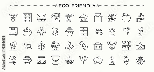Eco-Friendly vector icon set. Nature icon set. Pictograms of farming, herbal, healthy, vegan, gardening, natural and more. Vector artwork and illustration.