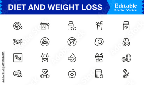 Diet and Weight Loss Essentials – Professional Line Icon Set Featuring Minimal, Modern, and Pixel-Perfect Designs for Health and Wellness Themes