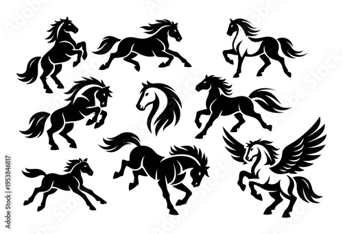 Diverse black horse silhouettes depicting jumping, galloping, and rearing poses, including a mythical pegasus with wings
