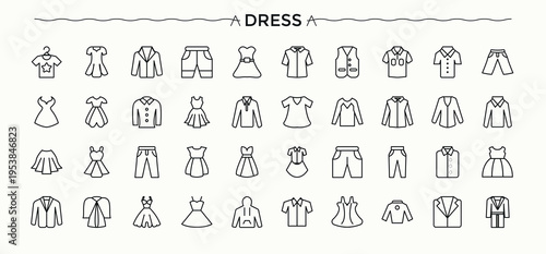 Dress icon. Isolated icons. Editable vector. Pixel perfect. Textile linear icon collection. Contains outline symbols like suit, shirt, apparel, cloth, wear, garment, clothing and more.